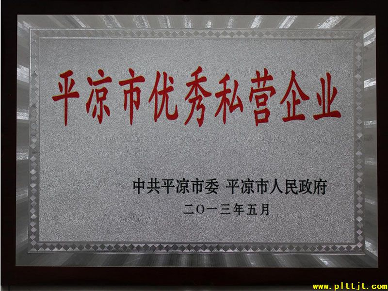 2013年5月31日平?jīng)鎏焯┕べQ(mào)集團(tuán)有限公司榮獲“平?jīng)鍪袃?yōu)秀私人企業(yè)”榮譽(yù)稱號
